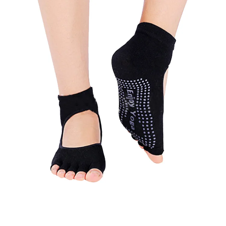 Лидер продаж, женские носки для йоги, женские нескользящие массажные спортивные носки с полупальцами, теплые хлопковые носки для занятий спортом и бега - Цвет: Черный