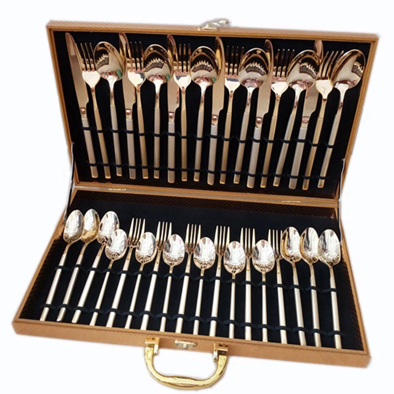 

Super Luxurious Western Style Full Set Tableware Light Golden Soup Scoop Steak Knife Dessert Fork Cutlery Box Package 36pc/set