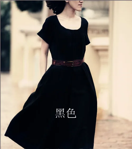 Новинка, цельное летнее свободное платье размера плюс для женщин, льняное хлопковое ТРАПЕЦИЕВИДНОЕ элегантное платье с коротким рукавом и поясом - Цвет: Черный