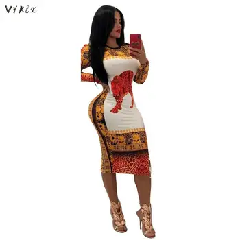 

Sexy Bodycon Dress Summer Midi Dress Robe Vintage Print Long Sleeve Package Hip Party Dresses Women Clothes 2019