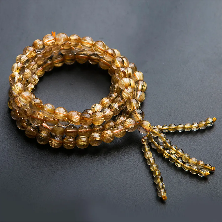 

6mm Brazil Natural Gold Rutilated Quartz Crystal Clear Round Bead Stretch Three 3 Laps Women Female Bracelet Drop Shipping