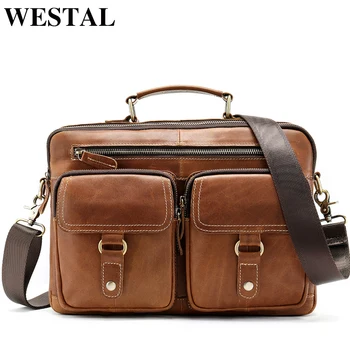 

WESTAL Men's Bags Genuine Leather laptop bag 13'' Men Briefcases Bags Messenger Bags Men Leather Work Office Bags for Man 8622