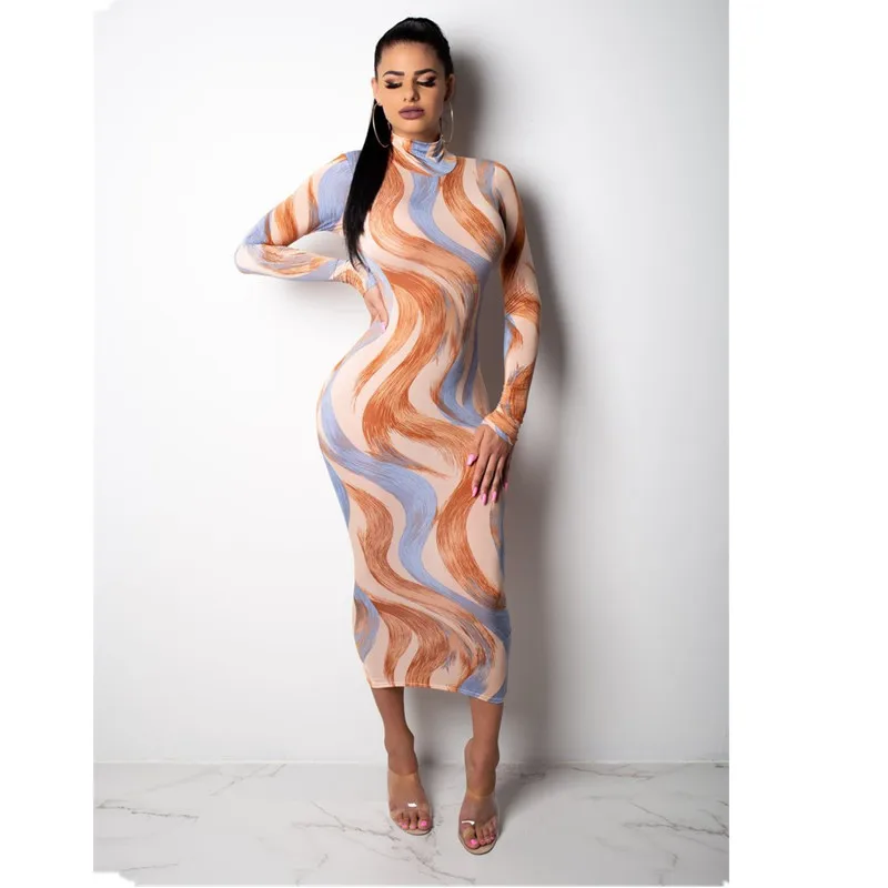 

Turtleneck Full Sleeve Vintage Autumn Winter Women Dresses Fashion Casual Sexy Bodycon Bandage Club Night Long Dress D8190