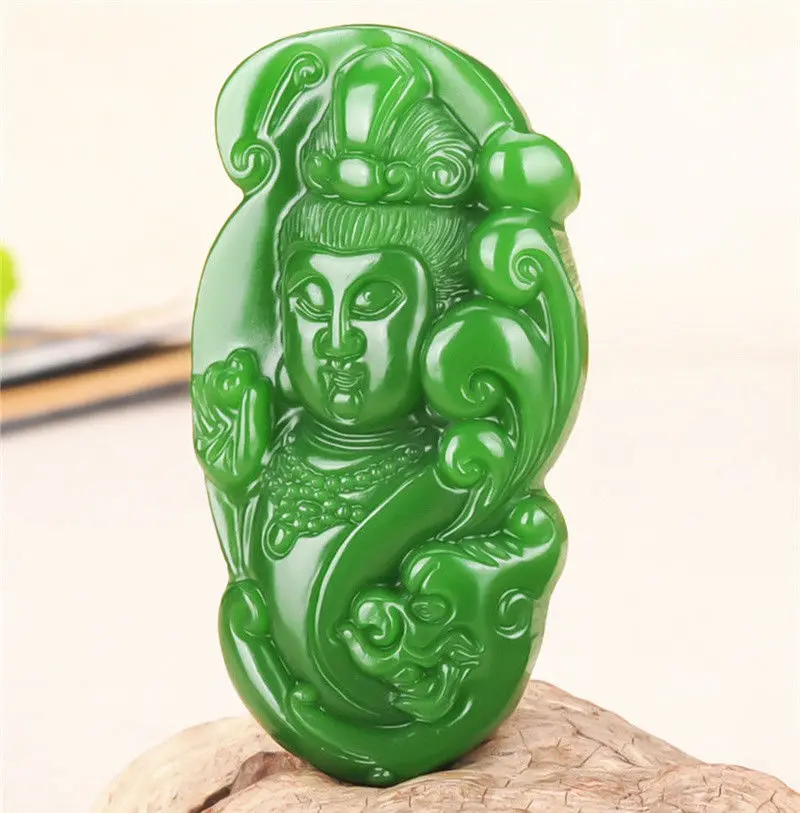 

Natural Green Hand-carved Chinese Hetian Jasper guanyin Pendant + Rope Necklace