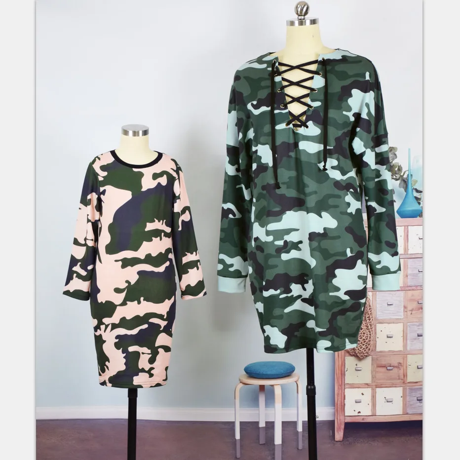 

Spring Autumn New Camouflage Dress Mother Daughter Dress Long Sleeve Short Mini Dress for Mum Girl Camouflage Print Causal Dress