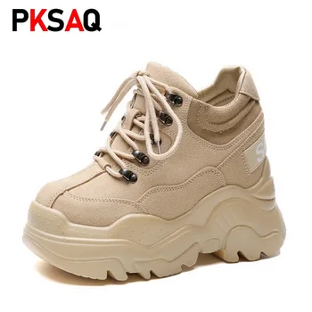 

Platform Boots women Black Spring12CM High Heel Women Thick Sole Shoes Leather Wedge Sneakers Waterproof Breathable Casual Shoes