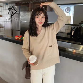 

2019 Chic Autumn Winter New Women's Pullovers Sweater Solid Loose V-neck Full Sleeve Pockets Design Korean Casual Tops T97221D