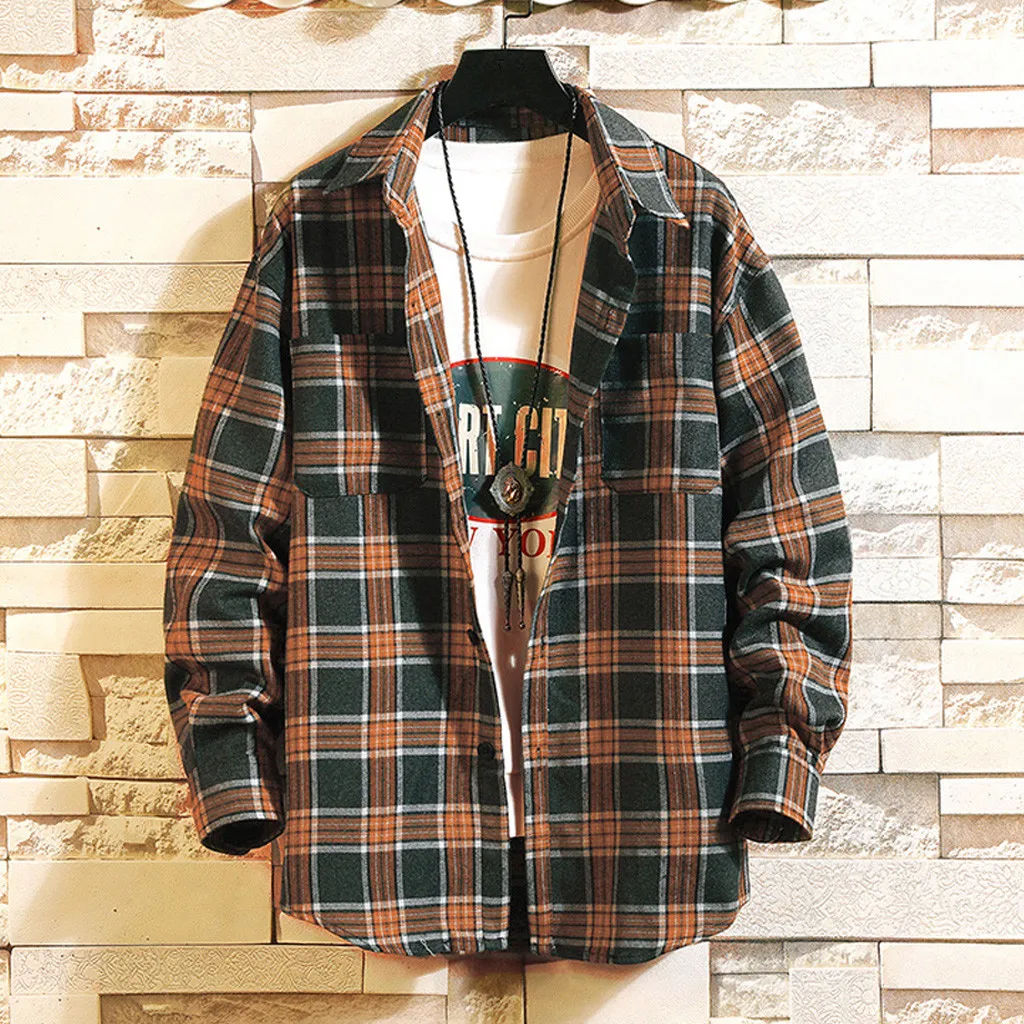 Casual Men Shirt Long Sleeve Autumn Winter Plaid flannel Shirts Mens of Women Vintage Japanese Streetwear Pocket Camisas Shirt