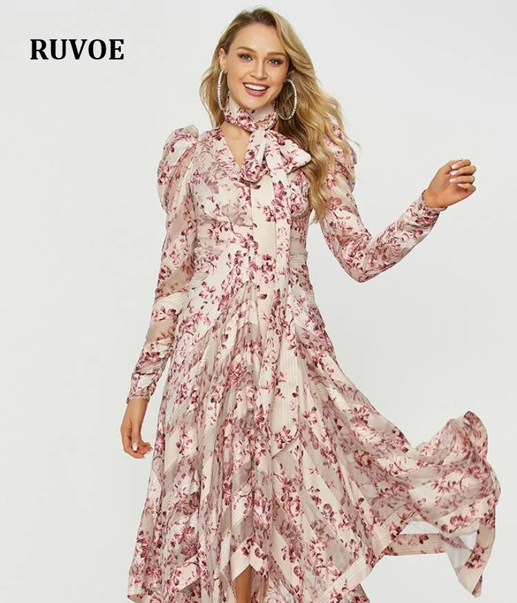 

Bohemia Style Floral Print Dress Female Long Sleeve High Waist Maxi Dresses Autumn Fashion Sweet Beach Runway dress New SP-079