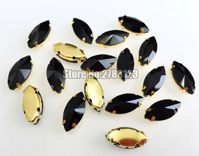 Free shipping Gold bottom balck horse eye shape Glass Crystal sew on claw rhinbestones with holes Sewing On Garment 