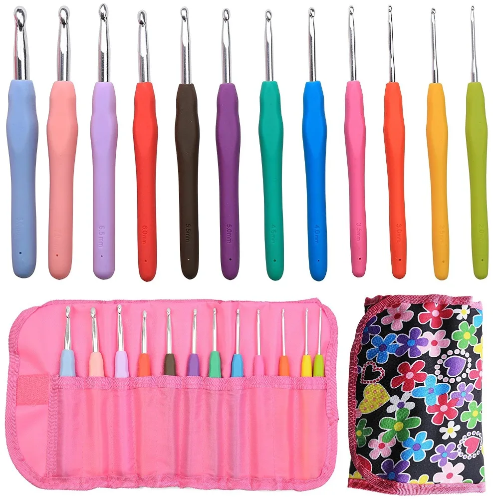 Crochet Hooks Set 12pcs Ergonomic Soft Rubber Grip Handle & Aluminum