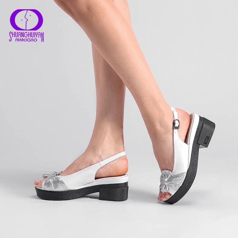 

AIMEIGAO Summer Wedges platform Women Sandals Square Thick Heel PU leather Shoes Soft Bottom Mixed Colors Shoes For Women