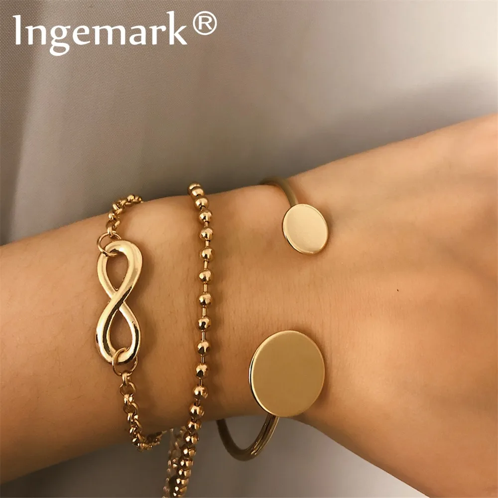 

Ingemark 3Pcs/Set Bohemian 8 Shape Beads Bracelets Bangles Couple Vintage Round Love Opening Golden Bracelet Set Femme Jewelry