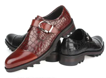 

Crocodile Pattern Genuine Leather Wedding Dress Shoes Men Fashion Buckle Designer Derby Work Shoes Retro Patchwork Party Shoes