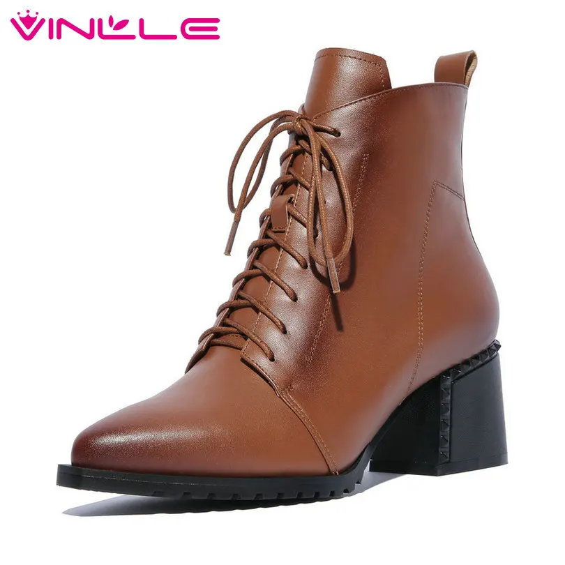 

VINLLE 2019 Women Shoes Ankle Boots Square High Heel Leather+PU Western Style Pointed Toe Ladies Motorcycle Shoes Size 34-42