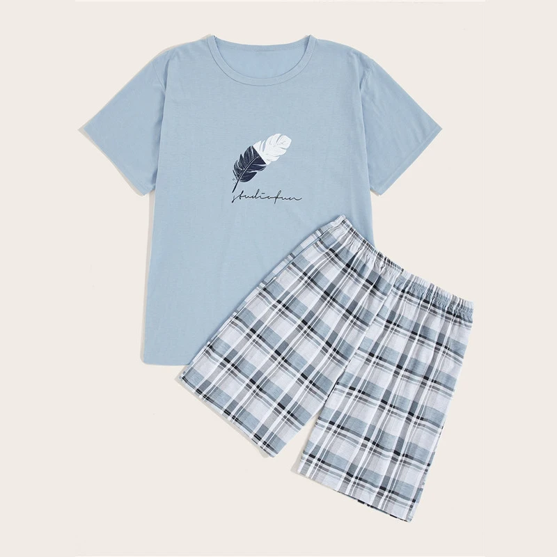 ROMWE мужские однотонные хлопковые Пижамные комплекты с принтом перьев, синие футболки с клетчатыми шортами, пижамный комплект, Мужская футболка с коротким рукавом, пижамы, костюмы