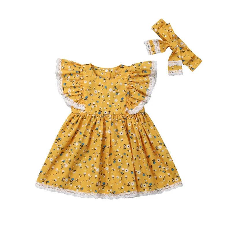 

1-5 Years Boho Styel Kid Baby Girls Lace Summer Dress Clothes Flower Tutu Dress Sundress Headband Children Girls Holiday Set