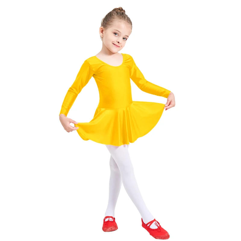 Ensnovo Длинные рукава спандекс гимнастическое трико для балета для девочек Танцы платье Дети Одежда для танцев катание платья - Цвет: Yellow