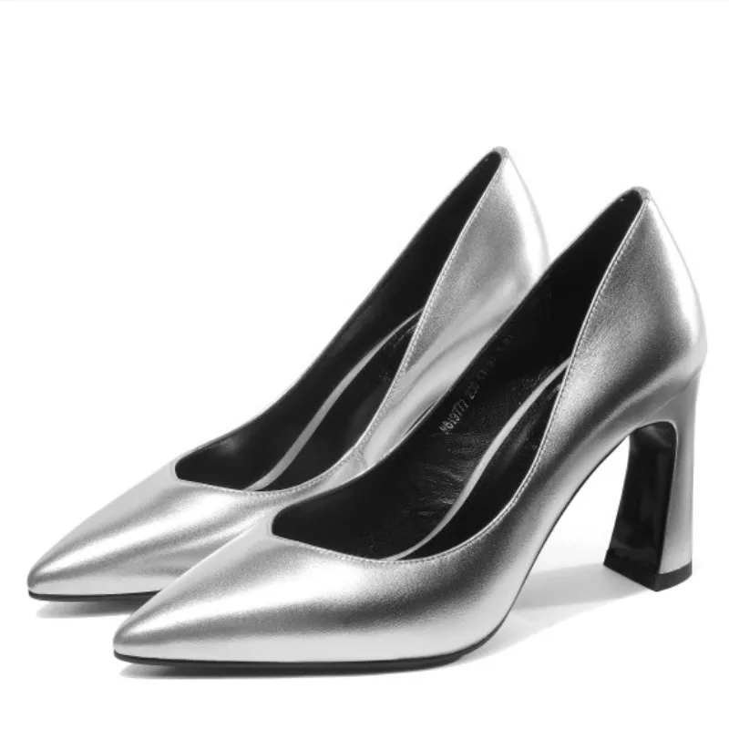 

2019 spring and autumn new pointed thick with high heels simple shallow mouth women's shoes silver 0324