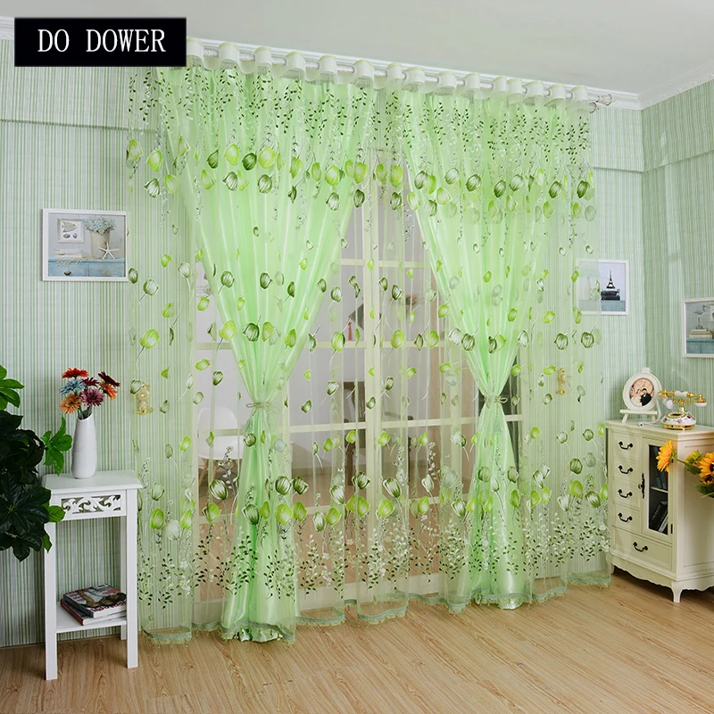 

Bedroom curtains Tulip Pattern Rod Type Voile tulle Curtain for the Living Room Sun-shading Sheer Drape curtians Green Color