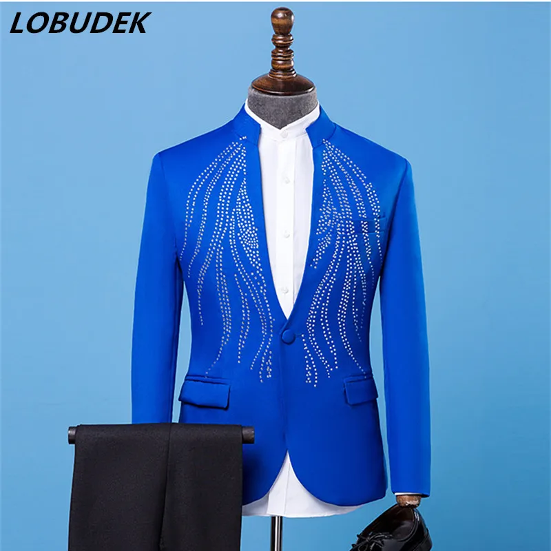 

(jacket+pants) Formal Men Suits Blue Rhinestones Suit singer Chorus Prom Compere Master for Wedding Host performance Costumes