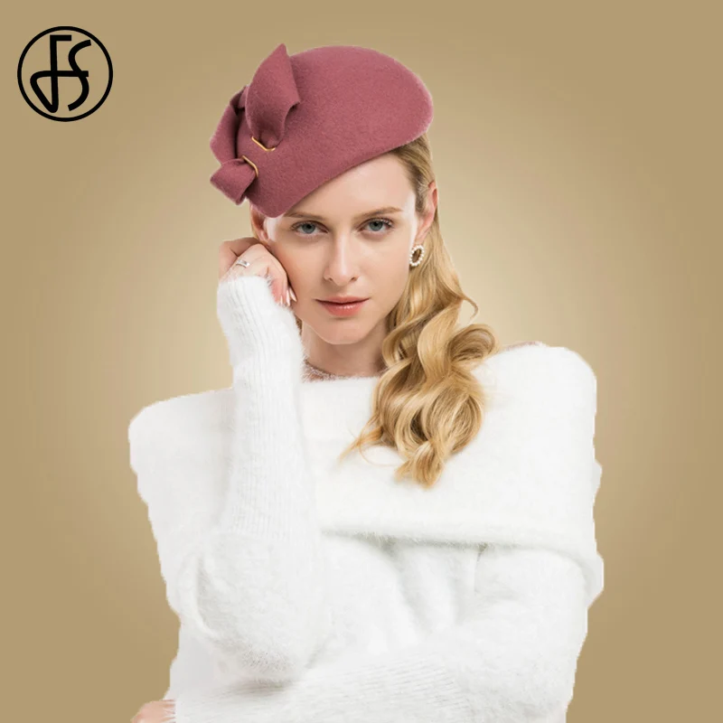 

FS Wool Kentucky Derby Hats For Women Elegant Felt Fascinators Weddings Dress Pink Cocktail Pillbox Hat Bow Ladies Church Fedora