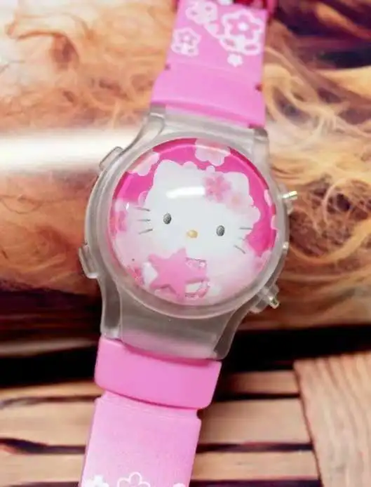 KT hello Kitty светящийся силиконовый светодиодный светильник для девочек и детей, электронные детские часы с откидной крышкой - Цвет: Rose Red