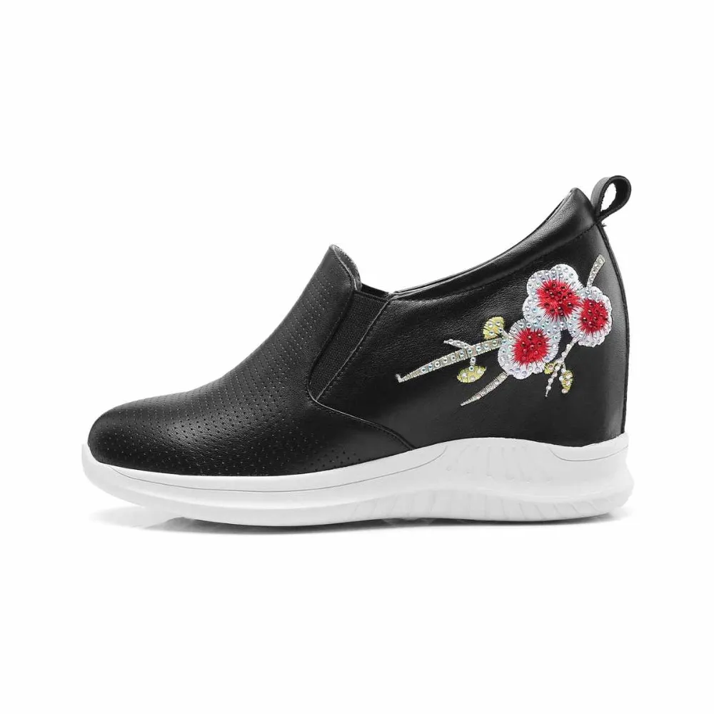 Vulkanisierte Hollow Sneaker Hollow Krazing Casual weiß Leder Topf Blumen black Runde Schuhe Schwarzes Plattform white Kappe Erhöht Stickerei Superstar Echtes Keil L01 zqOz14