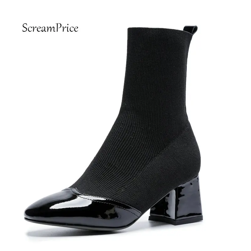 

Women Genuine Leather Comfort Low Heel Ankle Boots Fashion Square Toe Knitting Fall Winter Bootie Black Beige Brown