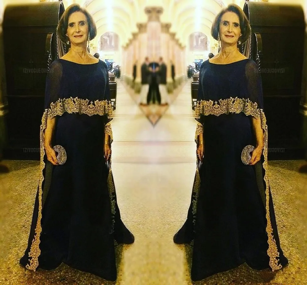 

Elegant Dark Navy Mother of the Bride Dresses with Gold Applique Floor Length 2019 Plus Size Evening Gowns Mother of the Groom
