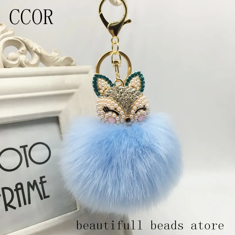 

CCOR NEW 8CM Imitation Fur fluffy keychain Fox with Full Rhinestone keychain car bag accessories,1pcs,MQ007