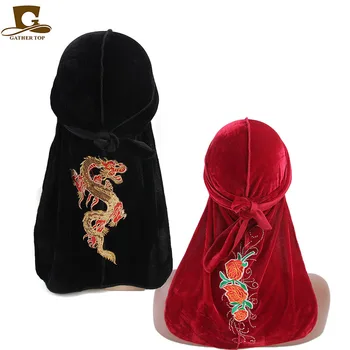 

New Fashion Velvet Durag With Dragon And Flower Embroidery 2pcs one set