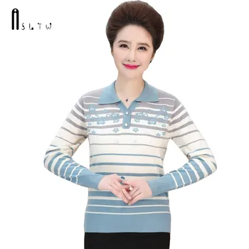 

ASLTW Striped Sweater For Women New Spring Long Sleeve Pullovers Top Knitwear Plus Size Turn Down Collar Lady's Sweater