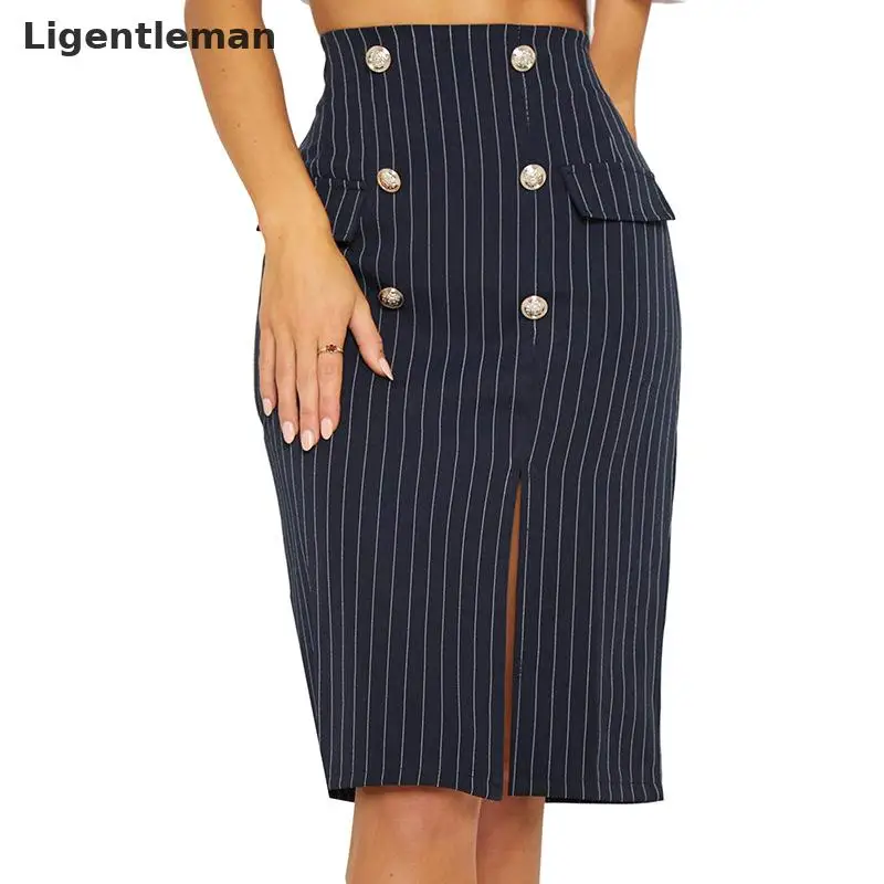 

Women Striped Wrapped Skirt Navy Blue High Waist Office Lady Pencil Skirts For Female Slim Elegant 307