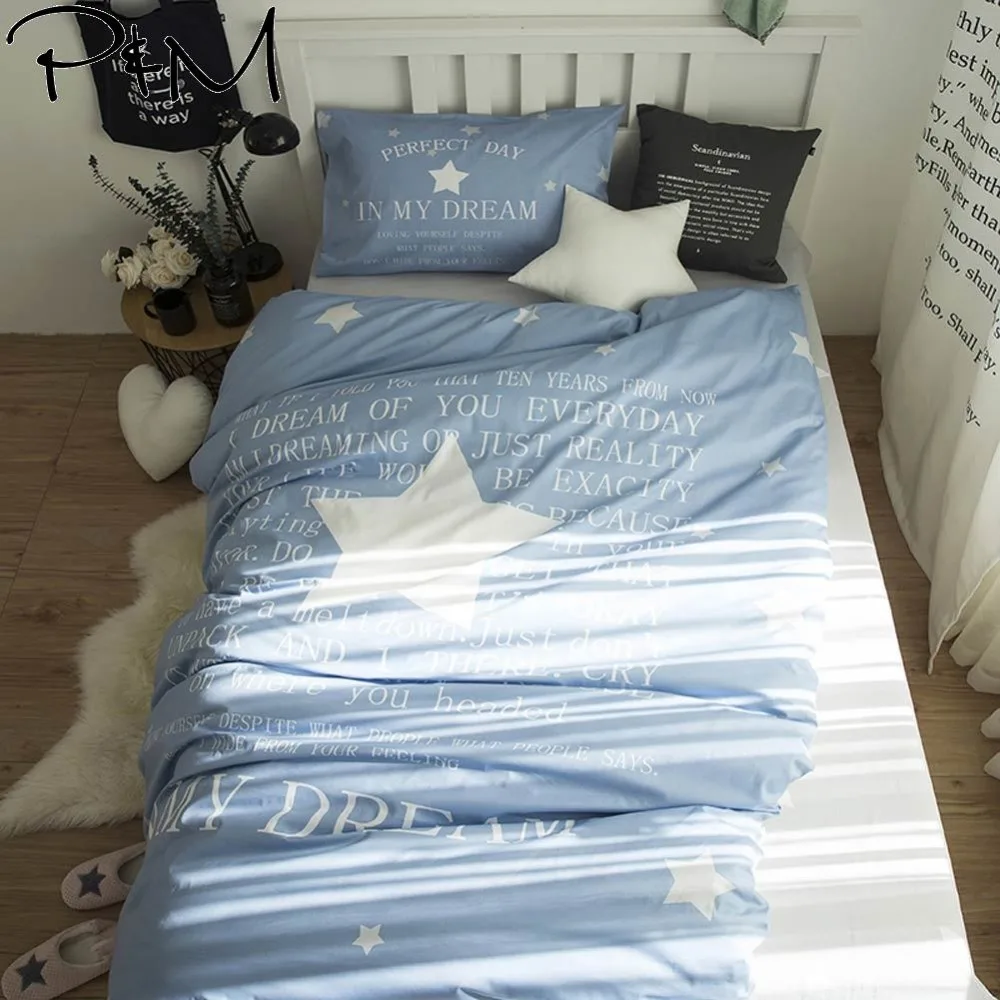 

2019 Blue Stars Letters INS Bedlinens Twin 3pcs Set Duvet Cover Set Soft Cotton Fabric Bedding Set Flat Sheet Pillowcases