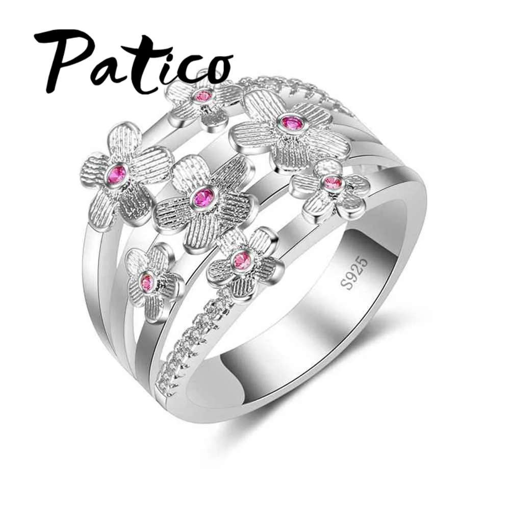 PATICO High Quality Elegance 925 Sterling Silver Wedding Bands Rings Pink Sakura Flower Jewelry Gifts For Women Anniversary