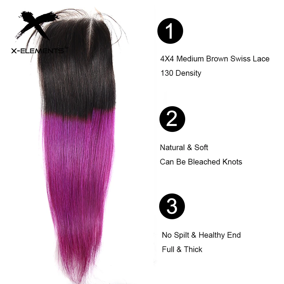 X-Elements Ombre Color 4x4 Lace Closure Brazilian Human Hair Straight Closure Remy Hair Closure T1BPurple T1B30 T1B27 T1B39J (10)