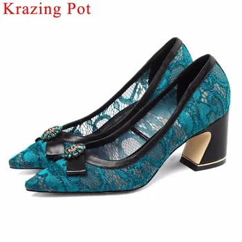 

Large size brand gentlewomen slip on breathable mesh crystal decoration high heels office lady women pumps pointed toe shoes L10