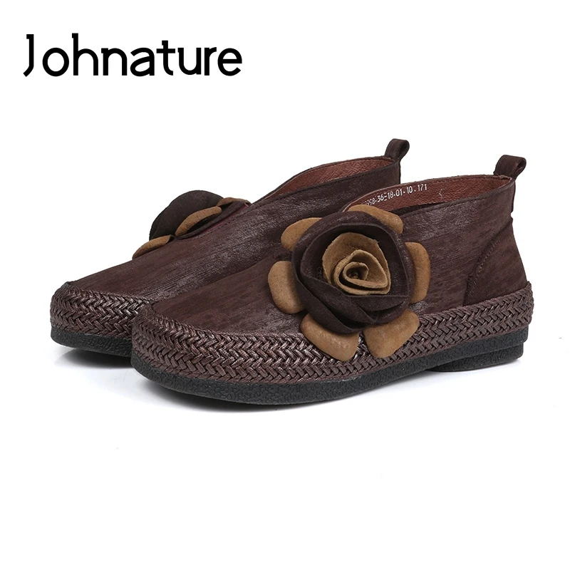 

Johnature 2019 New Spring/Autumn Genuine Leather Round Toe Casual Retro Flower Sewing Slip-on Ankle Platform Boots Women Shoes