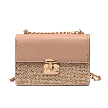 

2019 Fashion New Stylish Personality 4 Colors Wide Single PU Leather Straw Women Gold Chain Messenger Bag Handbags and Purses