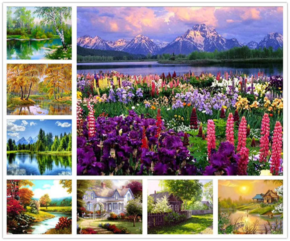 

% 5d Diamond Painting Cross Stitch Wall Decor Diamond Embroidery Tree house lavender flower river Rhinestone Mosaic Home Decor