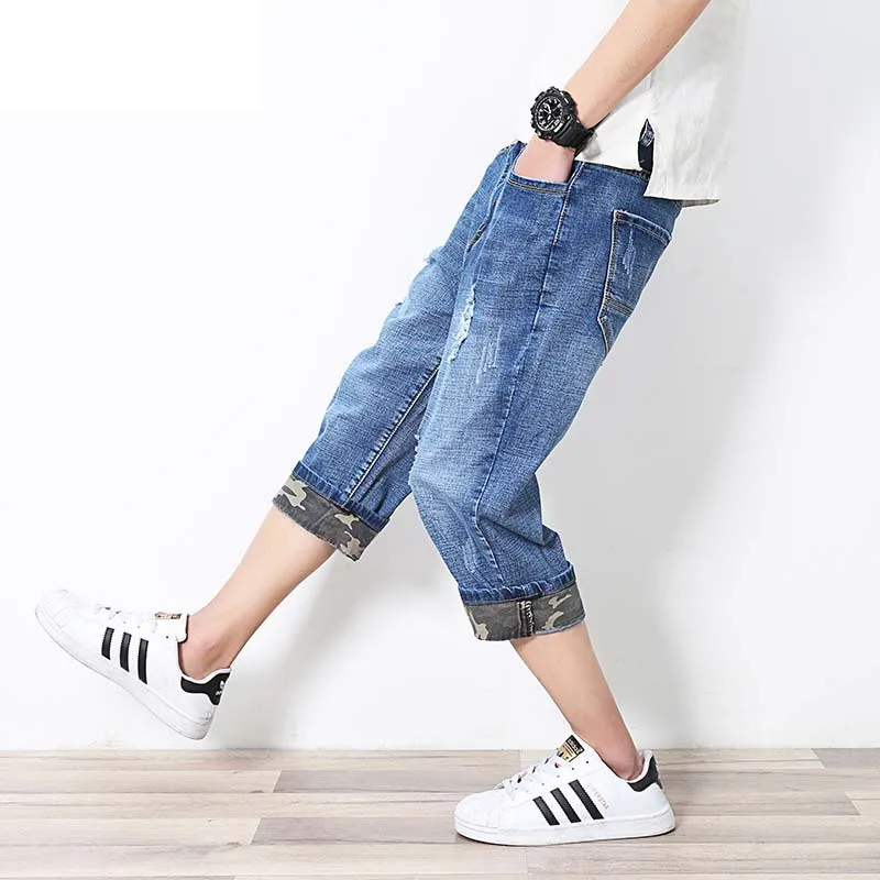 Summer New Fashion Men Jeans 3/4 Length Denim Shorts Pants Harem Hip Hop Elastic Ripped Trousers