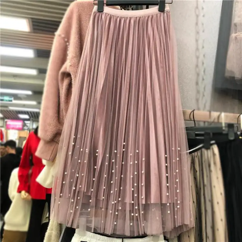 Горячая Распродажа, новая весенняя футболка с Ланч-бокс односекционный из натурального Бисер сетки шить бархатная плиссированная юбка Faldas Elegantes 5 цветов ;