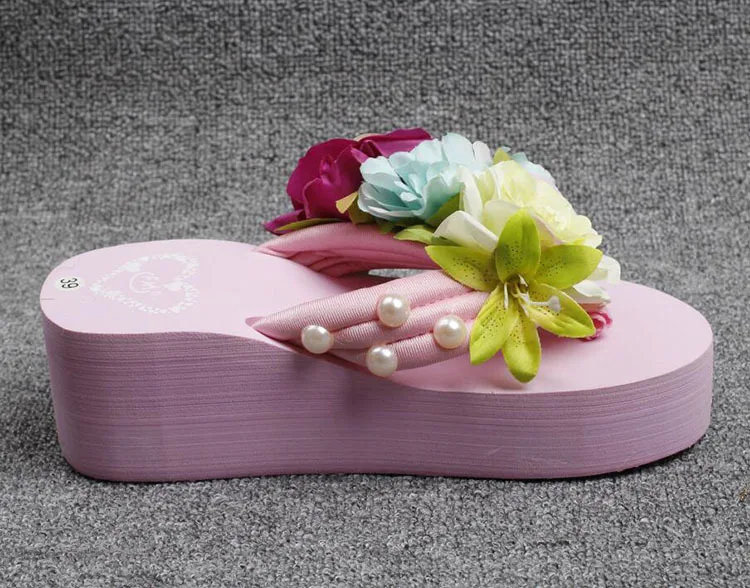 2019 New Flowers Beach Handmade Flip Flops Slippers Online Fashion High Heel Sandals Pink Shoes Womens50
