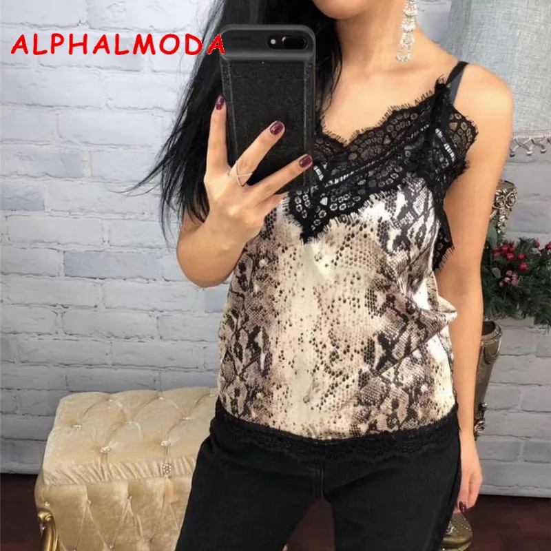 

ALPHALMODA 2019 Summer Ladies Snake Skin Print Lace Camis Tops Lace Patchwork Sexy Summer Camisole Women Fashion Tank Top