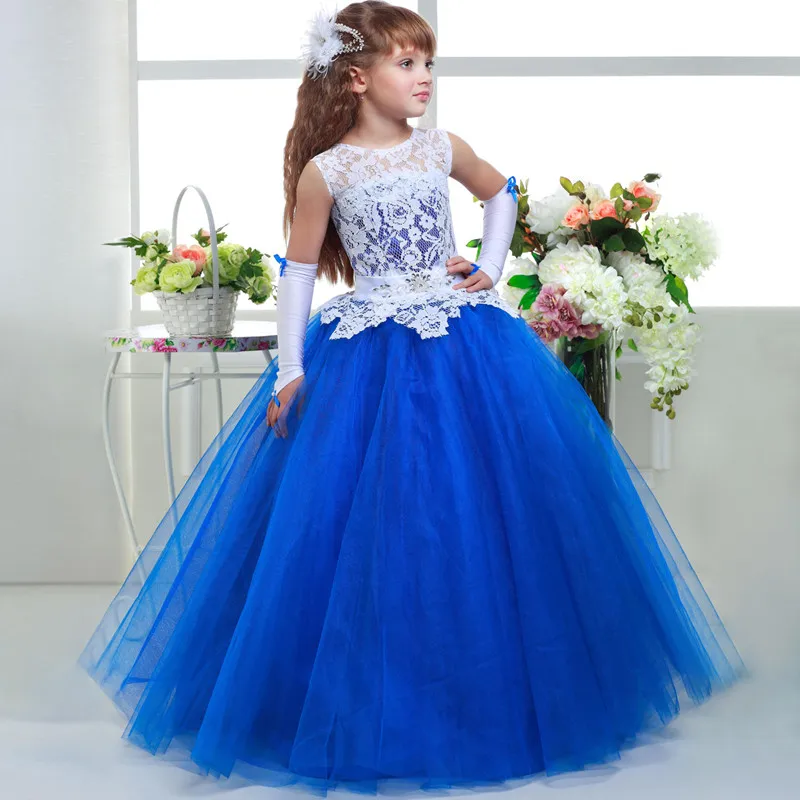 Luxury Blue Flower Girl Wedding Dress 2018 New Graduation Gowns Children Scoop Neck Lace First Communion Dress for Girls Pageant Luxury Blue Flower Girl Wedding Dress 2018 New Graduation Gowns Children Scoop Neck Lace First Communion Dress for Girls Pageant