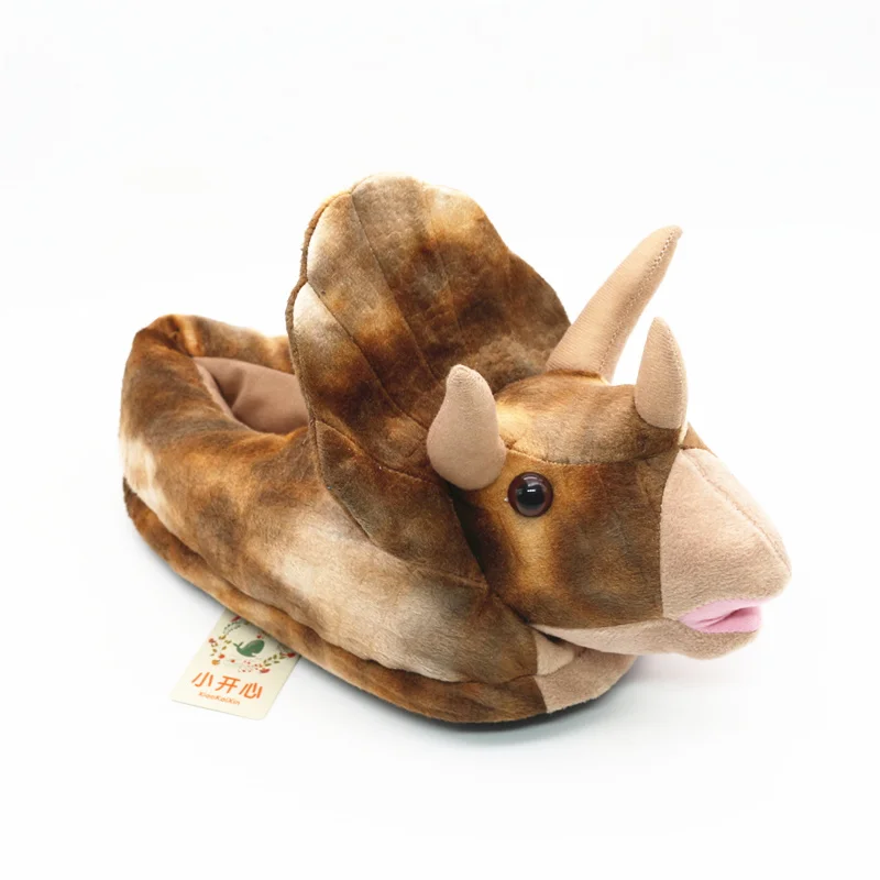 Тапочки унисекс с объемными животными; домашние тапочки в стиле трицератопса для взрослых и детей; цвет коричневый, розовый, синий; зимняя теплая короткая плюшевая домашняя обувь - Цвет: Triceratops Brown
