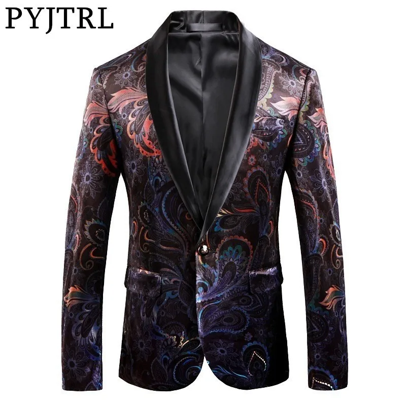 Impressão de Veludo Pyjtrl Marca Cavalheiro Luxo Retro Vintage Xale Lapela Blazer Fino Ajuste Floral Padrão Cabolsa Masculino Casual Terno Jaqueta