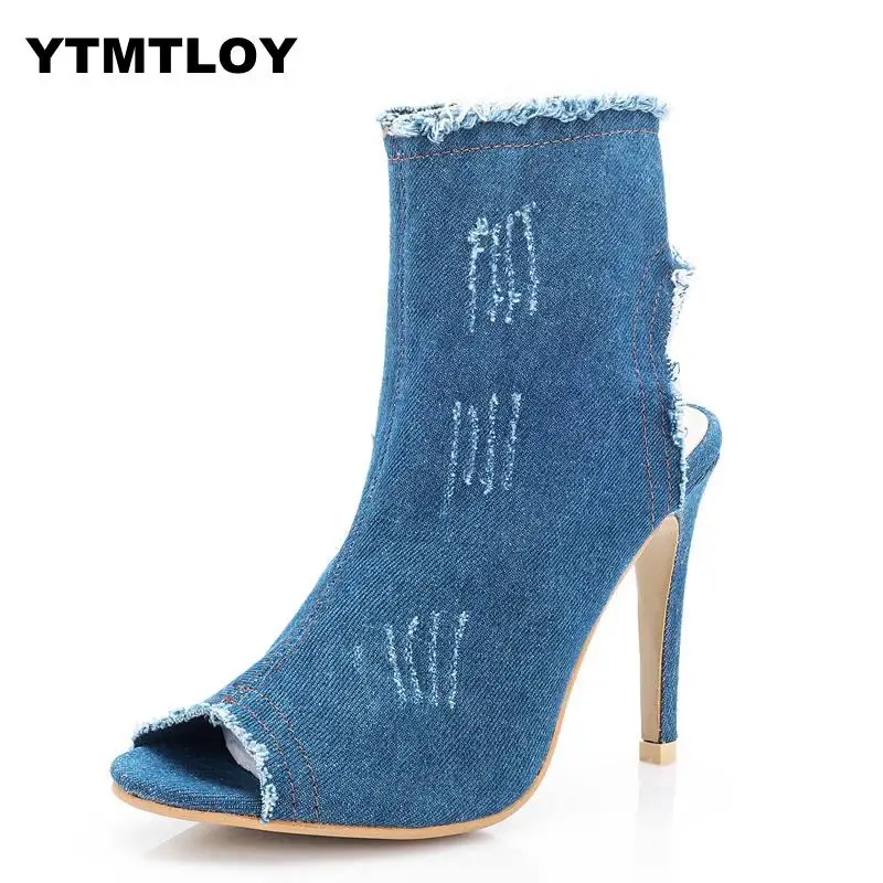 

2019 Peep Toe Gladiator Shoes Women Pumps Denim High Heels Cutout Stiletto Zip Thin Party Blue Super Zapatos Mujer Lady Shoes