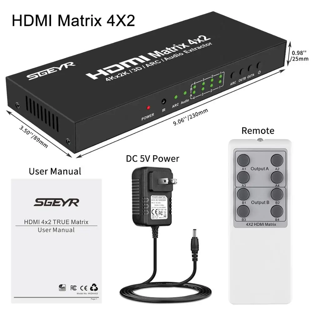 HDMI True Matrix 4x2 HDMI Matriz Switcher Switch Splitter 4 Input 2 Output with 3.5mm Audio Extractor+OpticalRemote Control